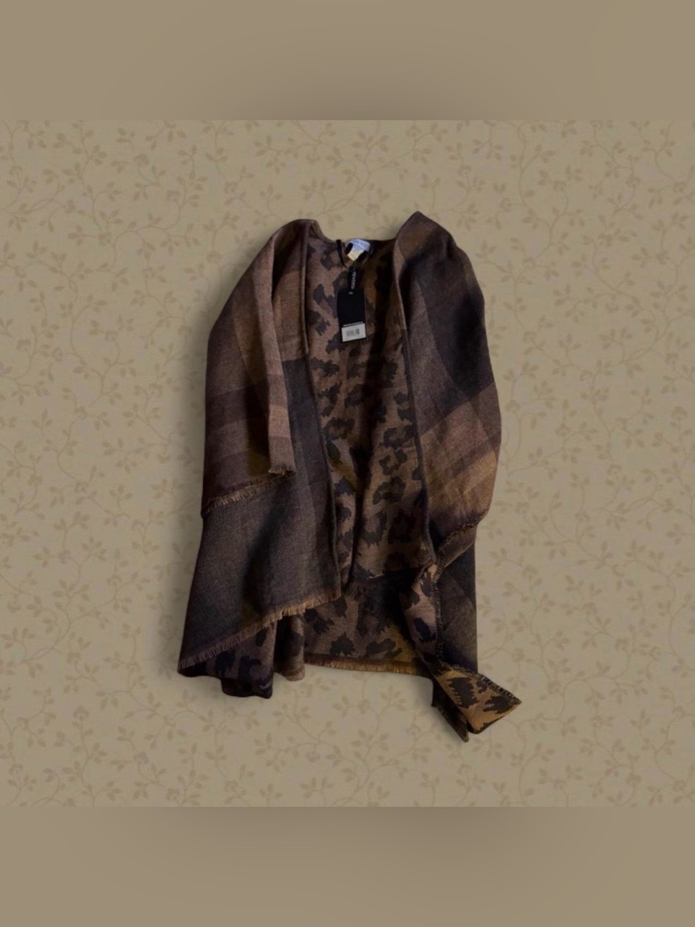 Nine West Reversible Brown Plaid Leopard Rauna with Fringe